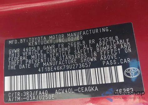 2009 Toyota Camry Xle from USA, damaged, VIN 4T1BE46K79U273657